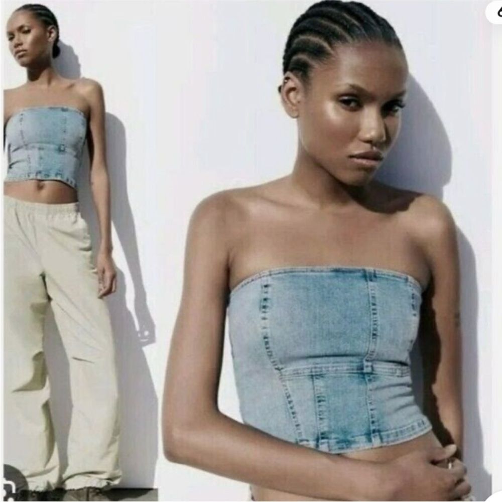 NWT Zara Jean denim strapless bustier top crop medium m